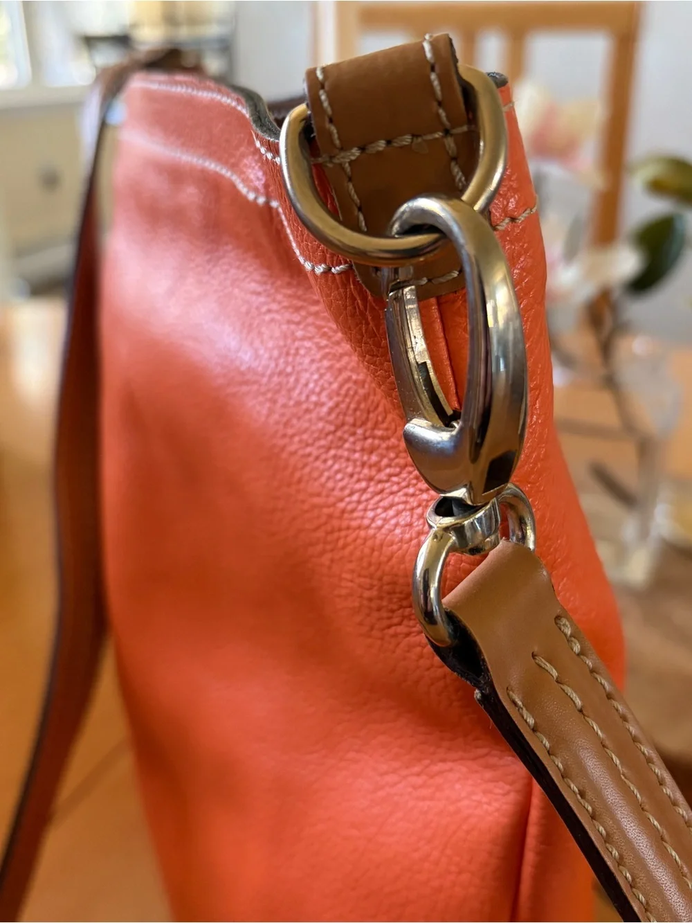 Dimoni Orange Leather Crossbody Bag with Tan Strap